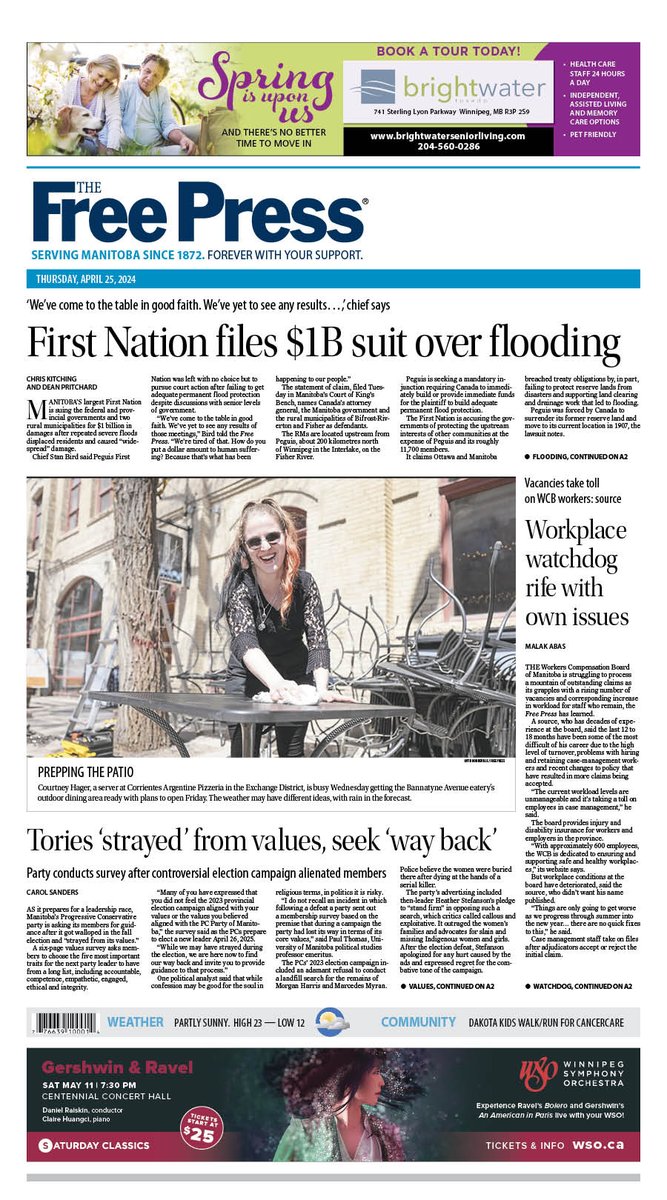 First Nation files $1B suit over flooding on the front page of Thursday's Free Press