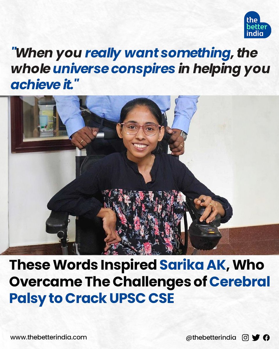 Imagine not being able to use your dominant hand and teaching yourself to use the other! Sounds scary, right? 

#UPSC #CerebralPalsy #Kerala #CivilServicesExam #ProjectChithrashalabham #UPSCSuccess #IAS #UPSCResults

[UPSC, UPSC Success, Cerebral Palsy, Kerala, IAS, Sarika A K]