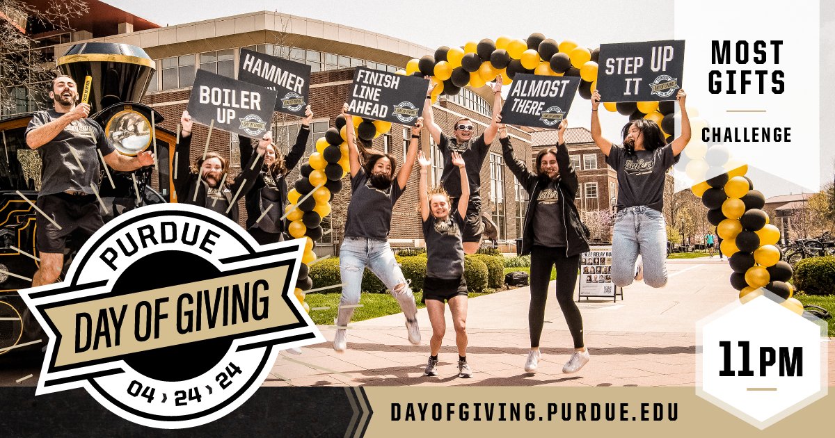 📣 With only one hour of #PurdueDayofGiving left, it’s time to show the world what’s possible when #Boilermakers rally together for #Purdue! This is your final chance help us win $1,250 in bonus funds! Make your gift now at dayofgiving.purdue.edu/organizations/… and then choose our department!
