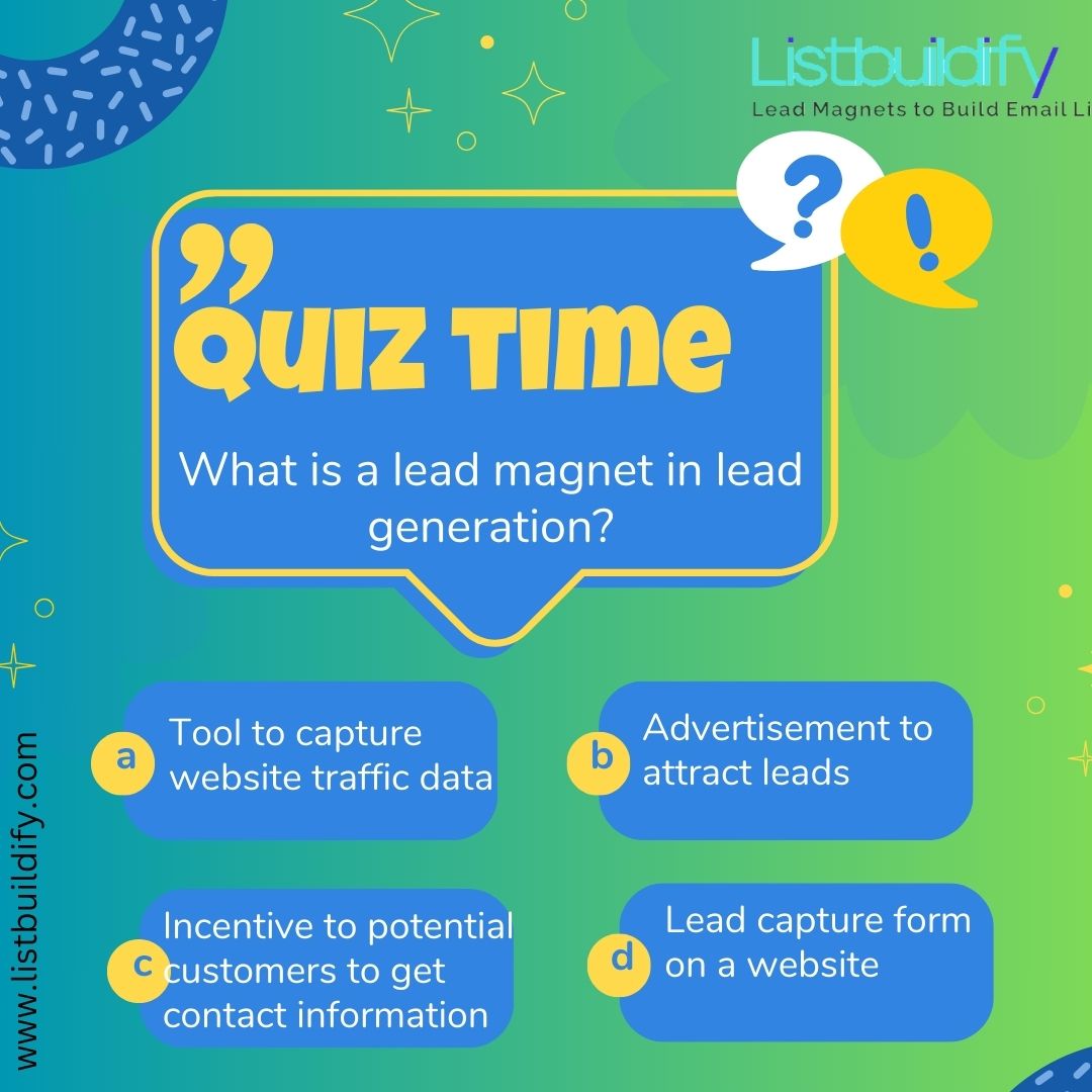 LBuildify's tweet image. If you picked c) An offer or incentive provided to potential customers in exchange for their contact information, you&apos;re spot on! #LeadMagnetMagic #LeadGeneration #EmailListBuilding #ListbuildifySuccess #EngageAndConvert #TurbochargeYourEfforts #DigitalSuccess #MarketingTips