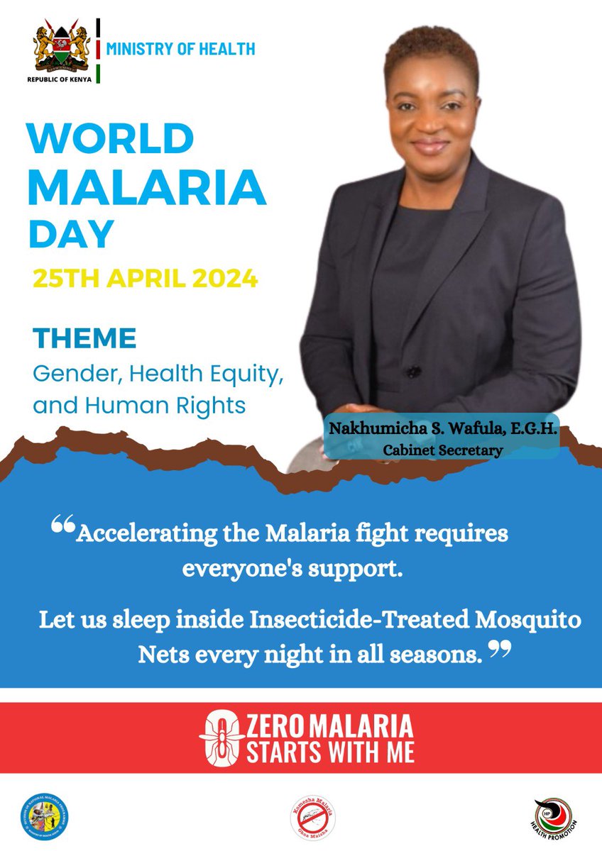 🦟 Today is World Malaria Day! Join the celebrations at Pawteng Primary School grounds in Awasi, Kisumu County, presided over by Health Cabinet Secretary Nakhumicha S. Wafula. Under the theme 'Gender Health Equity and Human Rights,' this year's commemoration emphasizes collective