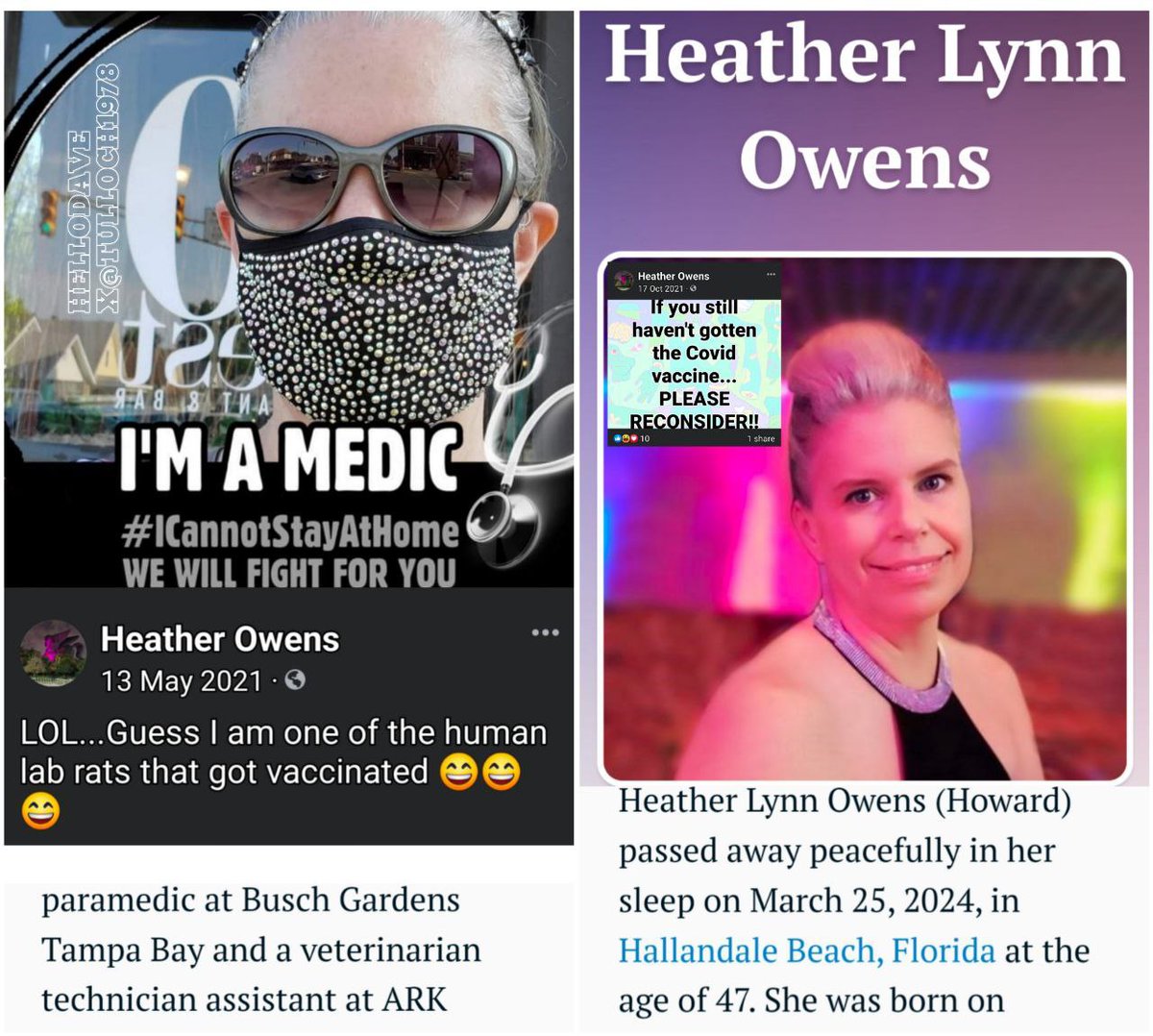 Hallandale Beach, FL - 47 year old paramedic Heather Lynn Owns died suddenly in her sleep on March 25, 2024. May, 2021: 'LOL...Guess I am one of the human lab rats that got vaccinated'. There was no reason to be a COVID-19 mRNA Vaccine lab rat, mandated or not #DiedSuddenly