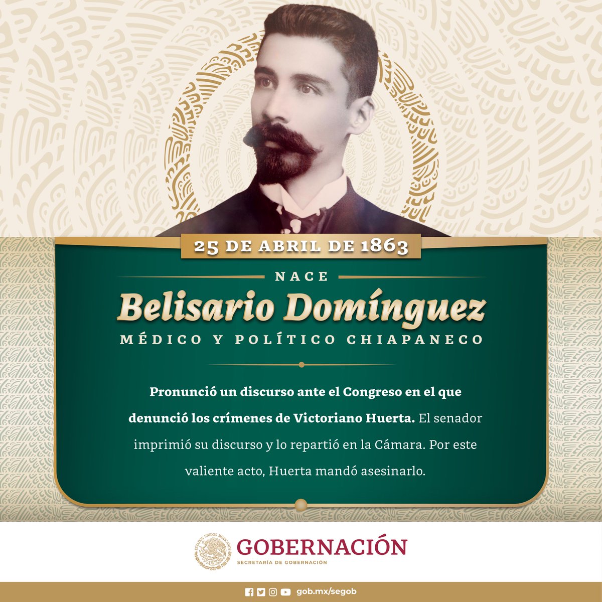 #SabíasQue el senador Belisario Domínguez, quien nace #UnDíaComoHoy en 1863, llamó a los legisladores a pedir la renuncia de Victoriano Huerta. #RevoluciónMexicana