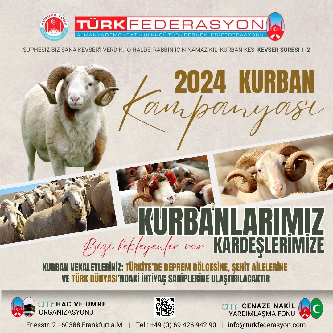 🐏 KURBANLARIMIZ KARDEŞLERİMİZE 2024 Kurban Kampanyası kapsamında kurban vekaletleriniz; Türkiye'de deprem bölgesine, şehit ailelerine ve Türk Dünyasında ihtiyaç sahiplerine ulaştırılacaktır. Unutmayalım ki; bizi bekleyenler var. #AvrupaTürklügü #Kurban #2024Kurban