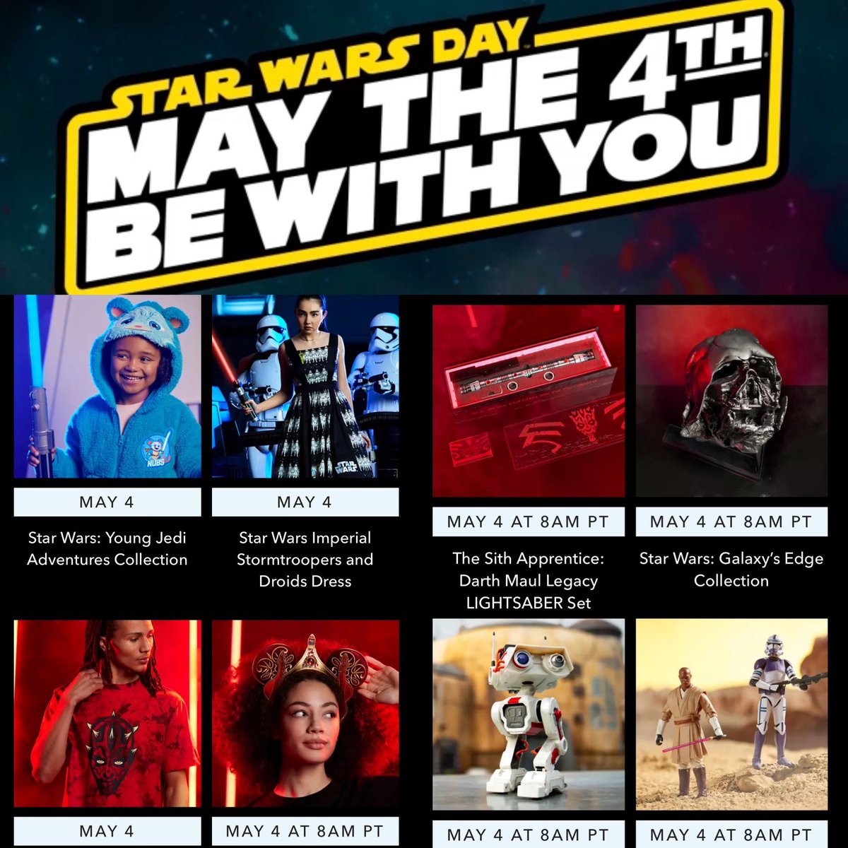 Here’s a look at the Star Wars May The Fourth Be With You releases at the Disney Store! Some release on 5/4 at 12AM PT & rest at 8AM PT.
.
disneystore.com/order-54/
.
#StarWars #maythefourthbewithyou #maytheforcebewithyou #DisneyStore #DisneyParks #DisTrackers