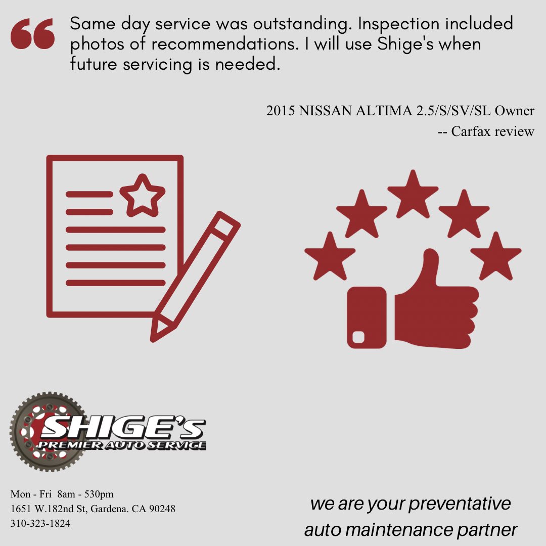 Glad we got you back on the road! Thanks for trusting Shige's & the 5-star review. See you at the next service! shigespremier.com #AutoRepair #CustomerExperience #Thankful #LosAngeles