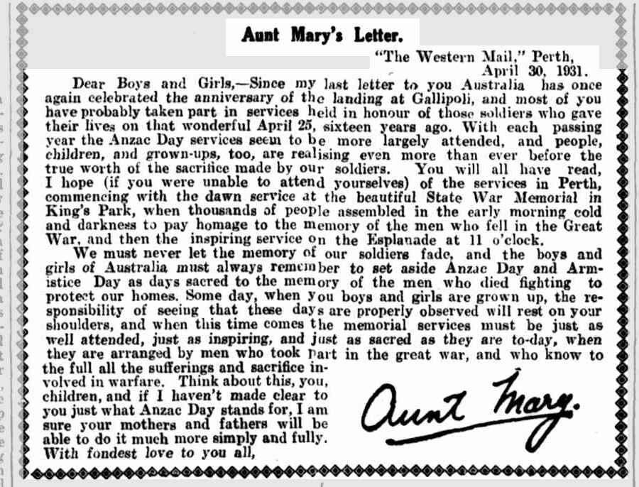 This ANZAC Day, service, compassion, and community inspire us. Aunt Mary's letter published in the Western Mail in 1931 calling for children to help others is a legacy that carries on at Silverchain. Discover the story. loom.ly/oMVI7OQ #LestWeForget #anzacday