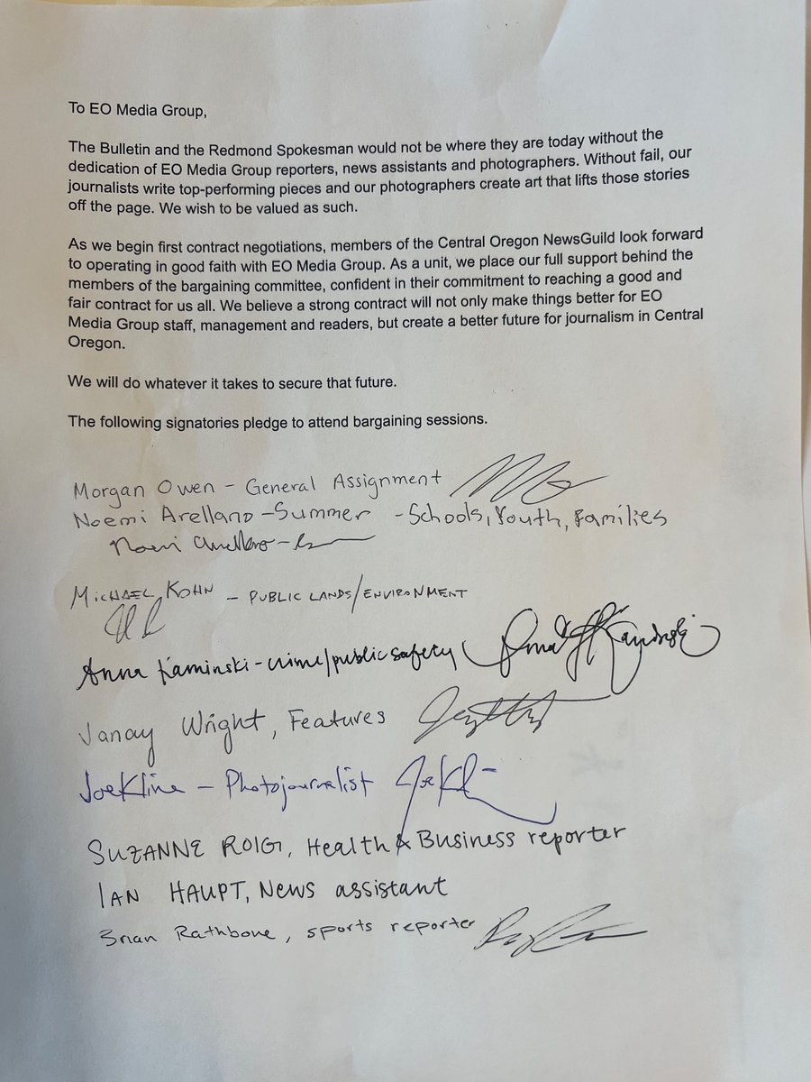 CentraloregonNG's tweet image. The Central Oregon NewsGuild and EO Media Group marked their first day of bargaining today with collaborative and productive conversations. The NewsGuild is committed to enshrining the legacy of sustainable journalism in Central Oregon as we work to establish a fair contract.