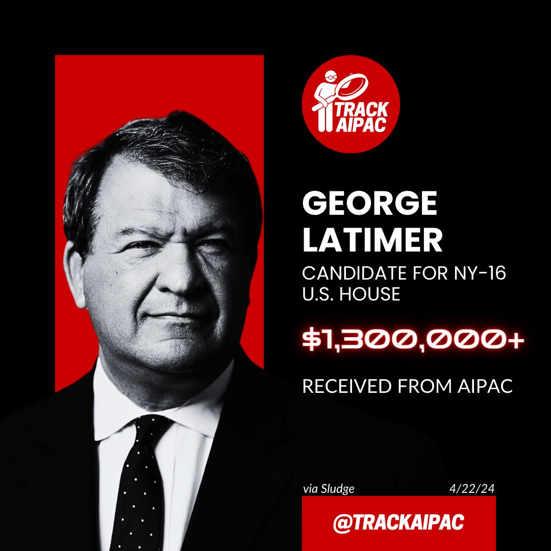 Thanks to the diligent reporting of our friends at @Sludge, we have updated our graphic for #NY16 AIPAC plant George Latimer!

According to their FEC filings, AIPAC has given @LatimerforNY >$1,300,000 to run against Rep. @JamaalBowmanNY!

We need all hands on deck to #RejectAIPAC…