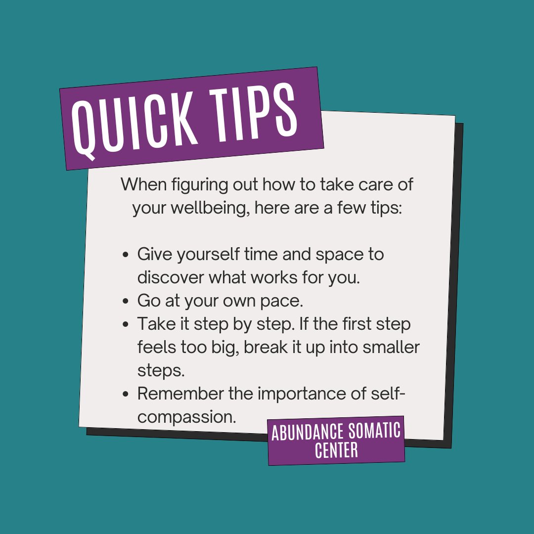 Attending to your #wellbeing is vitally important. Here are few quick tips to get you started. 

#abundancesomaticcenter #mentalhealth #mentalhealthawareness #mentalhealthmatters #mentalhealthadvocacy #inspiration #inspirationalwords #tipsformentalhealth #tipsforwellbeing