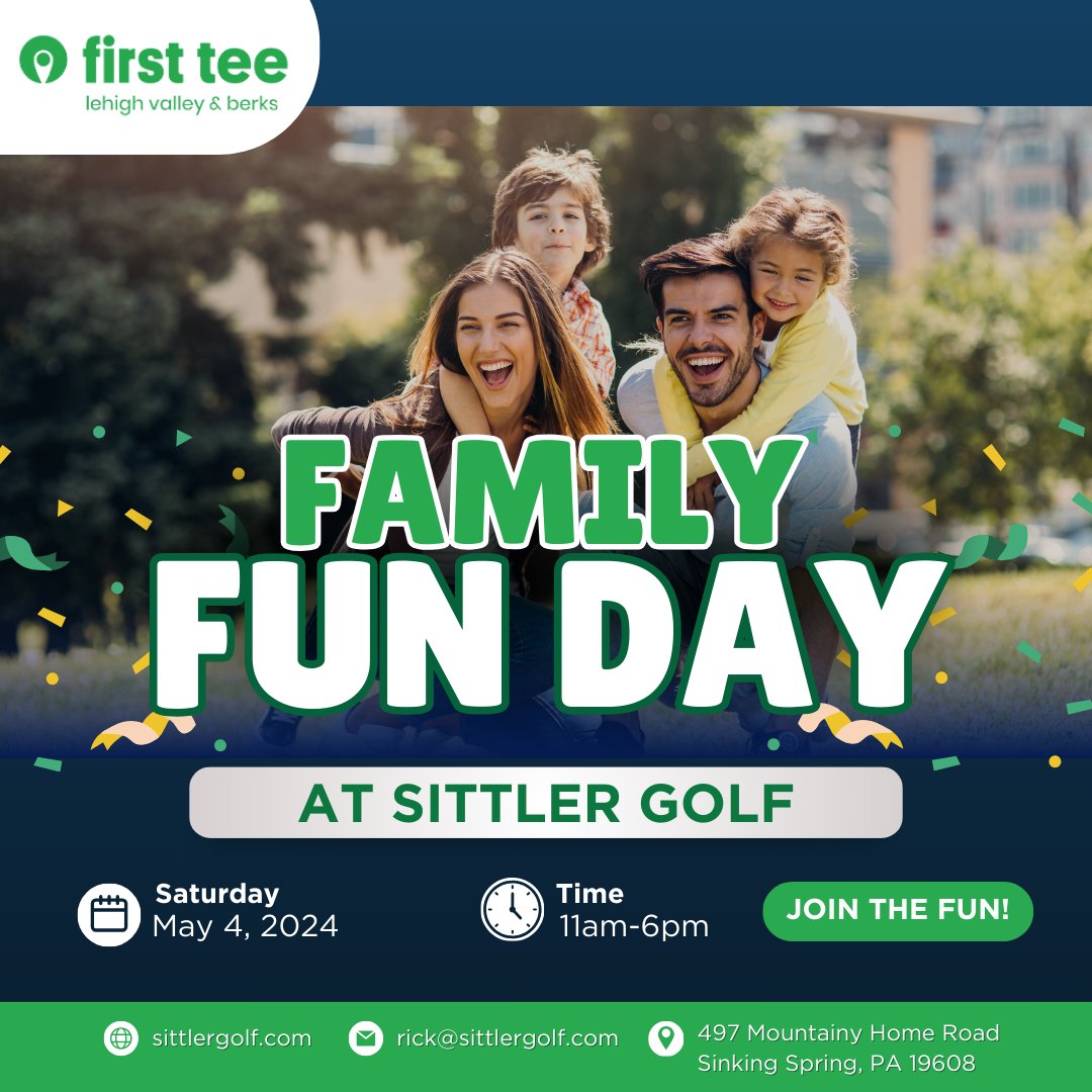 Get ready for an unforgettable Family Fun Day at Sittler Golf! 🌟 Swing by on May 4th for a full day of family-friendly activities. Learn more at sittlergolf.com.🏌️‍♂️💕 #FirstTeeEvent #FamilyFunDay #JoinTheFun #GolfCommunity #SittlerGolf #PlayGolf #FamilyGolfDay