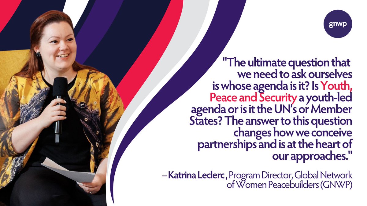 In sessions on the global context of #YPS🕊️ implementation + lessons learned✅ from local📍 & regional🌍🌏🌎 initiatives, @leclerc_katrina urges participants to reflect🤔 on the importance of local youth ownership of #Youth4Peace & how this principle guides collaborative action🤝