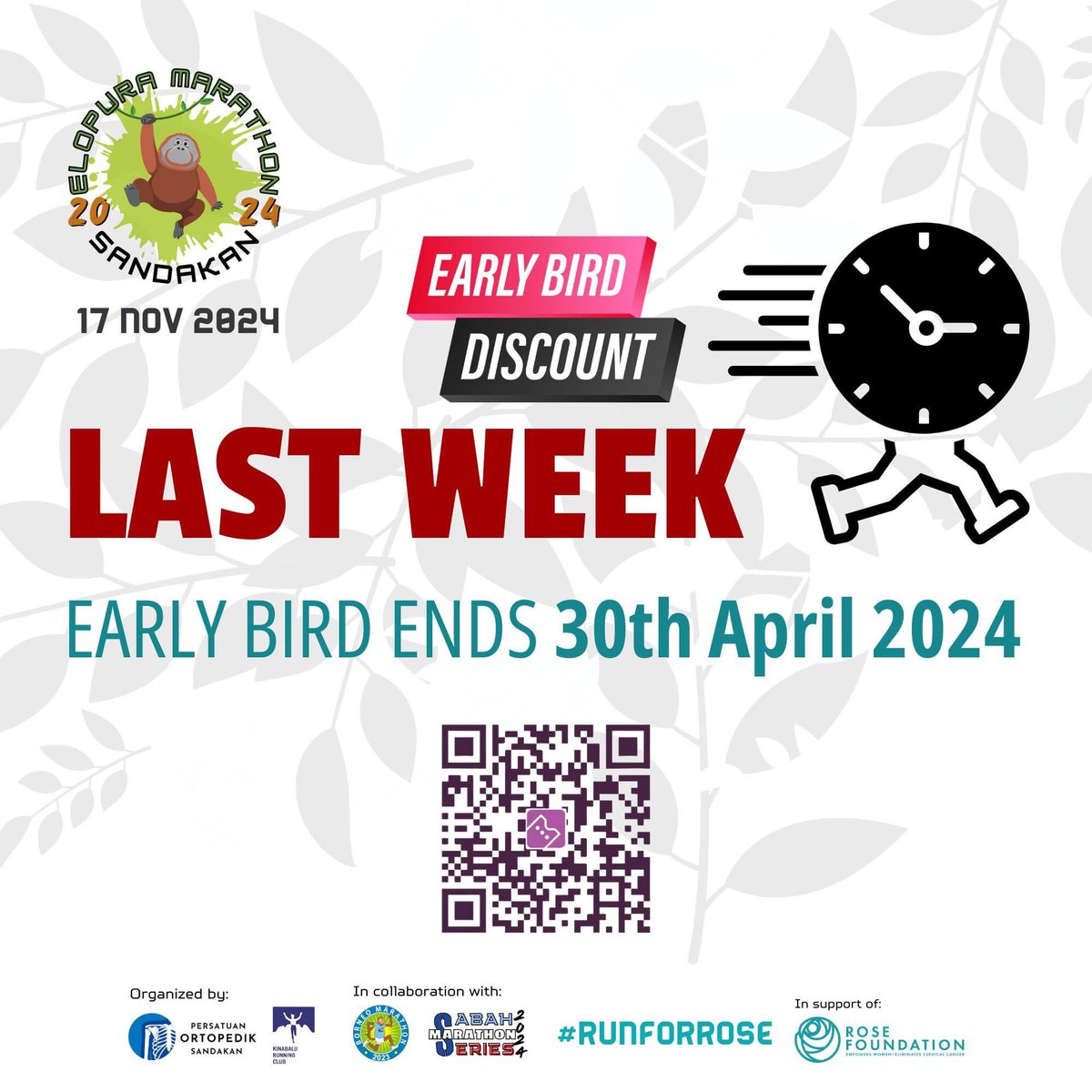 Don't miss out on the chance to join the Elopura Marathon Sandakan 2024! Last 5 days to grab early bird tickets! Run to support #ProgramROSE - a non-profit that aims to end cervical cancer in Malaysia. ​Register now!

#RUNFORROSE
#ElopuraMarathonSandakan​
#CervicalCancerAwareness