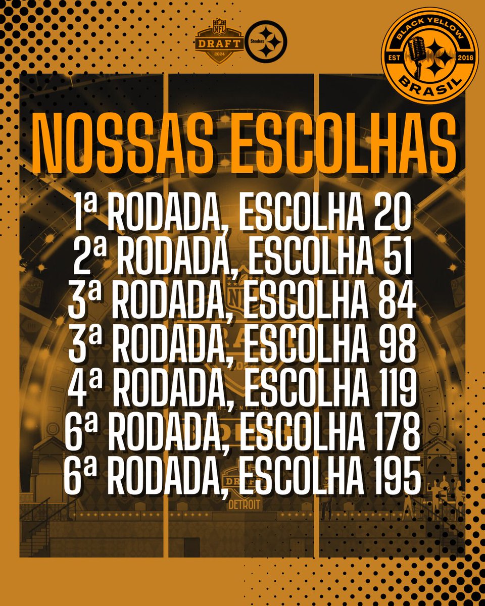 DRAFT DAY!

Hoje começa o grande evento, ficaremos sabendo quem Khan e Tomlin trarão pro #Steelers!

1a rd hj, 21h 📺 ESPN2 /Star+, YT NFL Brasil e Game Pass!

Rds 2 e 3 sex às 20h 📺 ESPN3/Star+ e Game Pass ;

Rds 4, 5, 6 e 7 sáb 13h em inglês no Star+ e Game Pass!