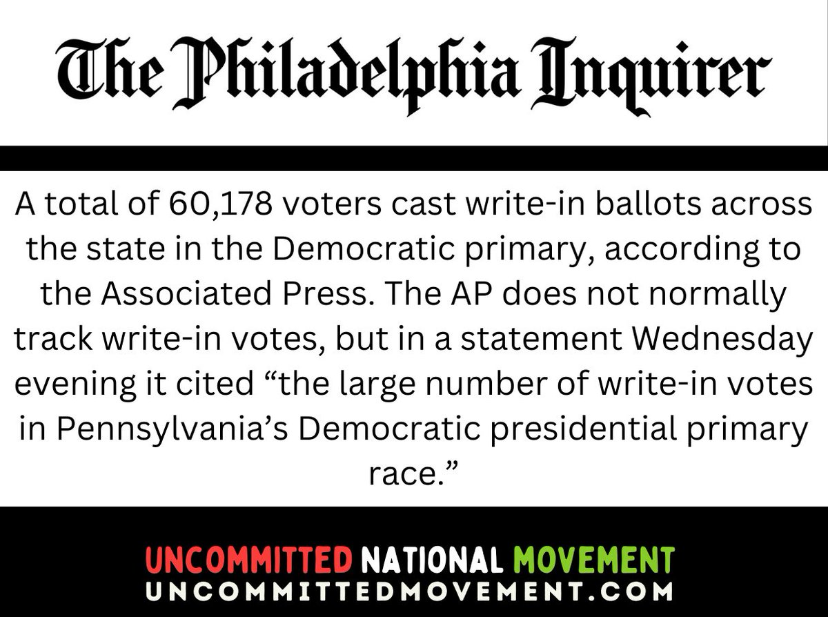 The write-in vote organized by <a href="/uncommitted_pa/">Uncommitted PA</a> was so large that the Associated Press changed its vote reporting process!