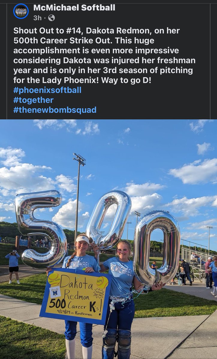 Hit my 500th career strikeout tonight! Thank you to my catcher Lizzie Wilson! @RadfordSoftball @atasler22 @marissa_yow @BRocheSports @tdoby_USASB @CarEliteNCorg @MaddalunaDave