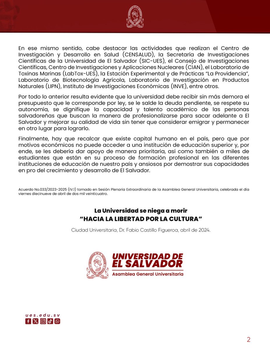 #AGU | Pronunciamiento de la Asamblea General Universitaria (AGU) en relación con la crisis presupuestaria y financiera de la Universidad de El Salvador.