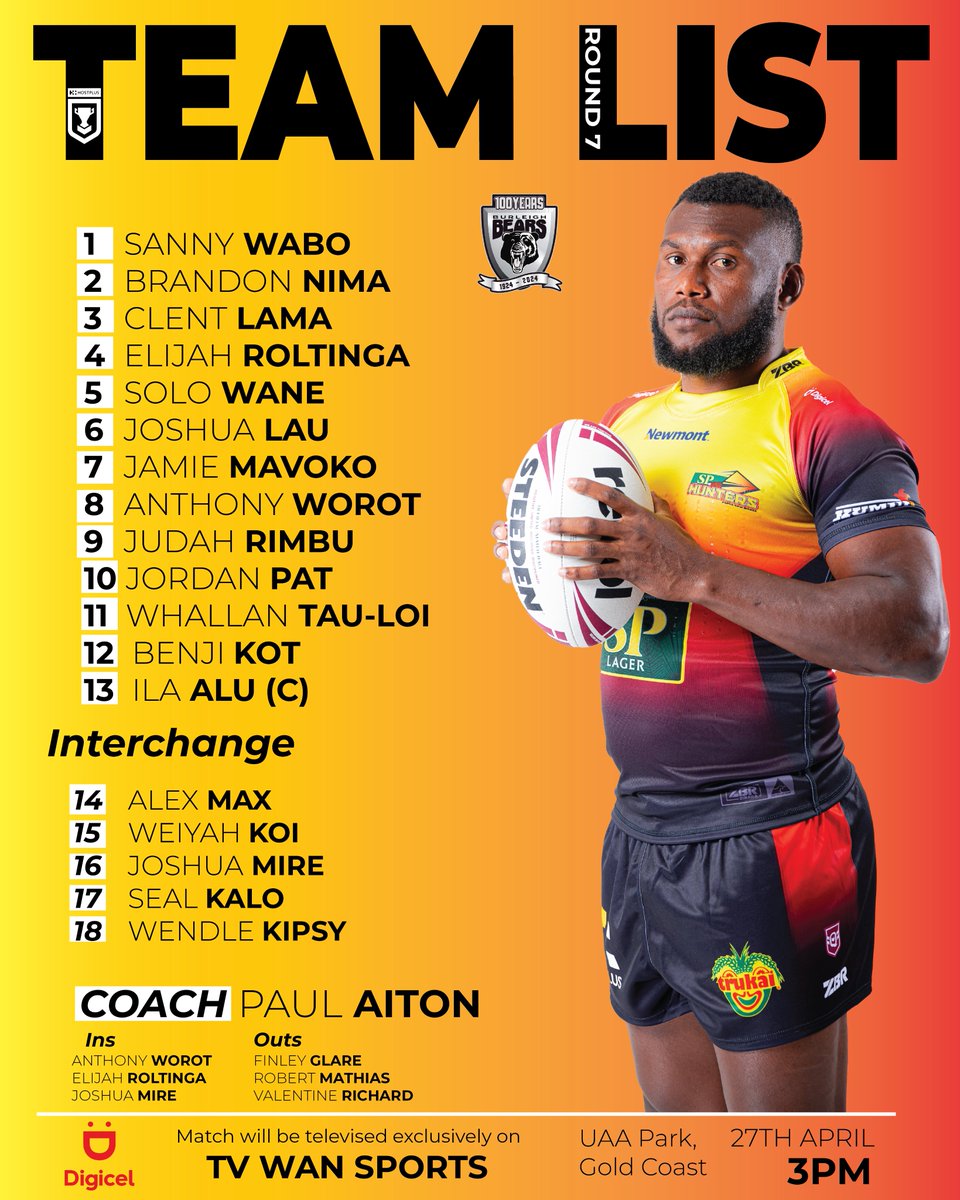 Our team for Round 7 against the Bears at UAA Park, Gold Coast. 3pm Kick off. 

Match will be televised exclusively via TVWAN Sports. 

#jointhetribe #jointhehunt