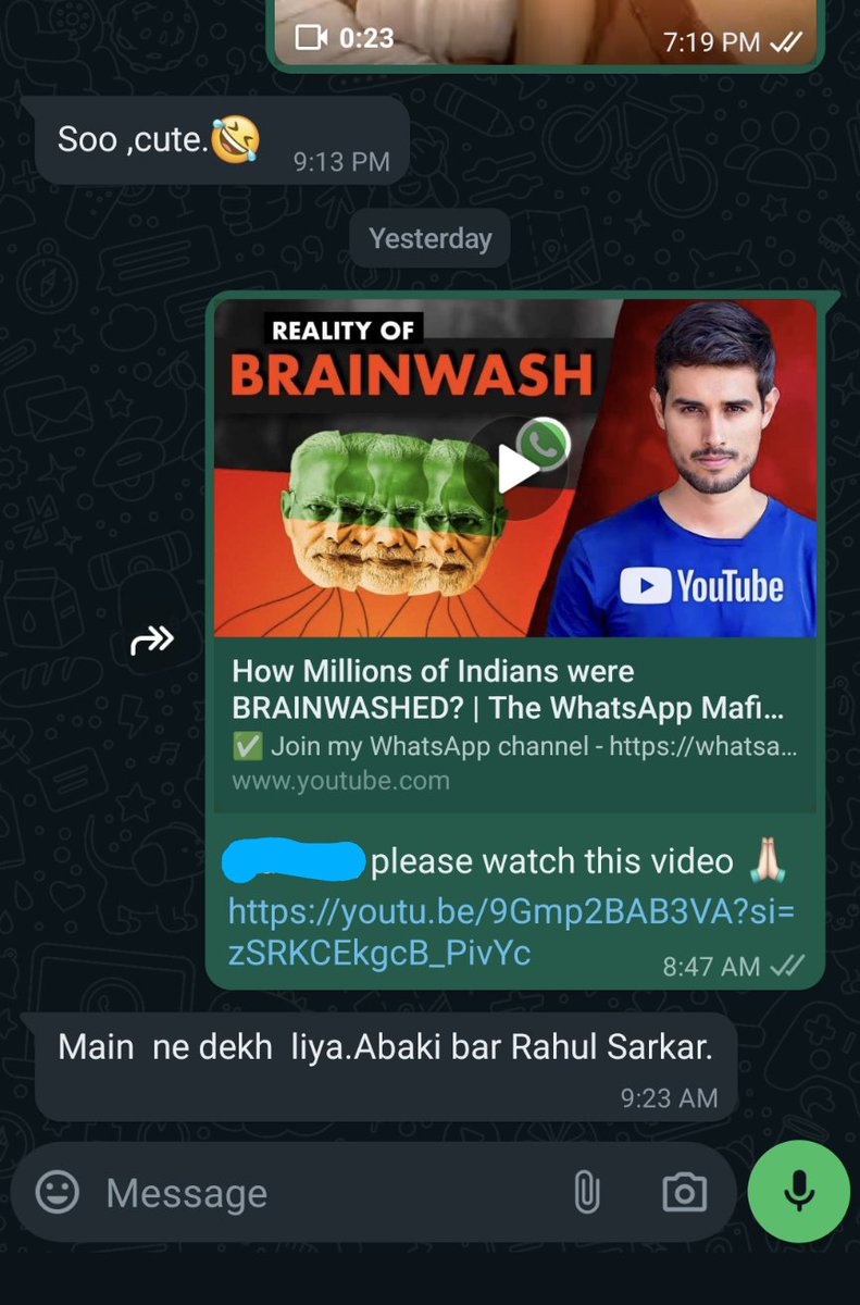 SaoirseAF's tweet image. Guys!! This auntie who I sent Dhruv Rathee's video to is a hard core Sanghi! I expected a completely opposite reaction from her but look at her response below 😲

#mission100crore has potential. Please please please forward Dhruv Rathee's videos everyday! 🙏🏻

#mission100crore