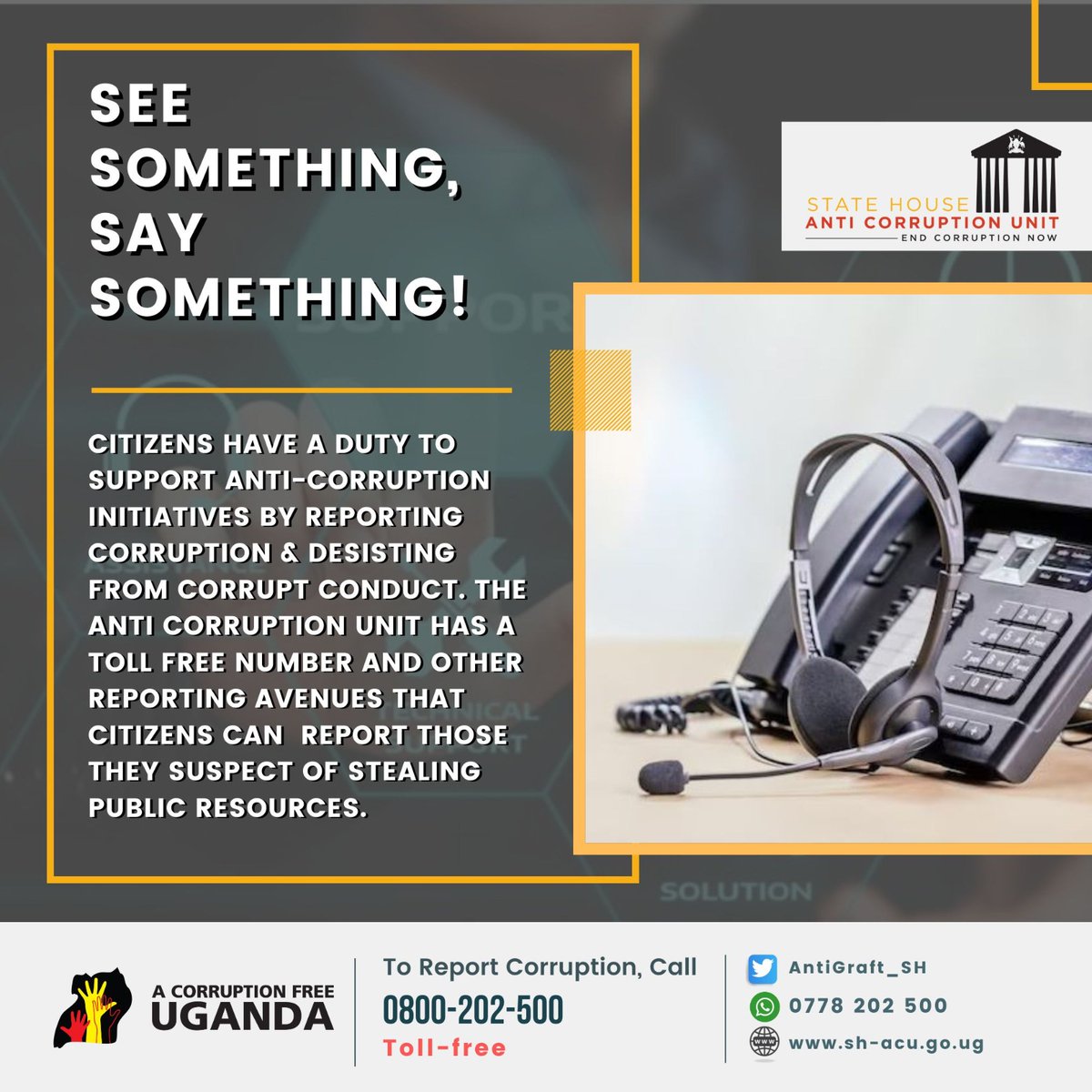 A corruption free #Uganda starts with us all, that is why we call upon fellow citizens, if you #SeeSomethingSaySomething please.
Let's #ExposeTheCorrupt and report them to @AntiGraft_SH.
#SayNoToCorruption
#CorruptionIsWinnable