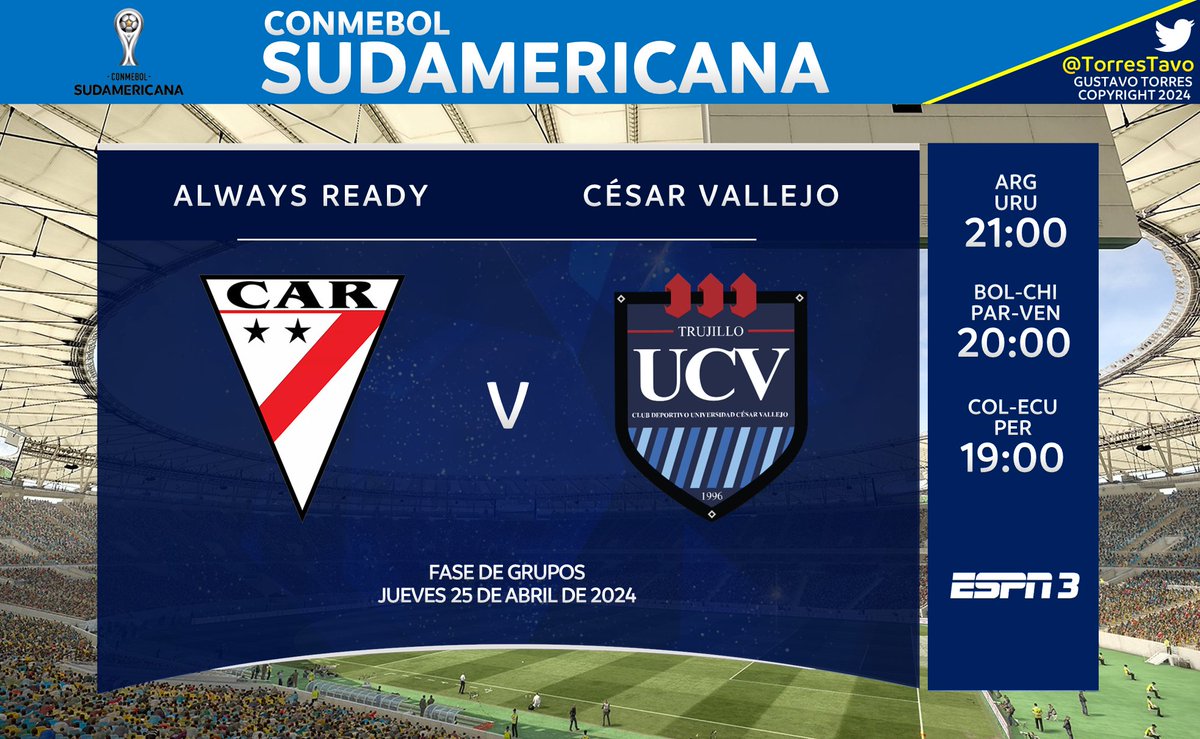 Always Ready - César Vallejo
TV: ESPN 3
Narra: @FabiTaboadaok
Comenta: @FrancoLostaunau
#SudamericanaxESPN