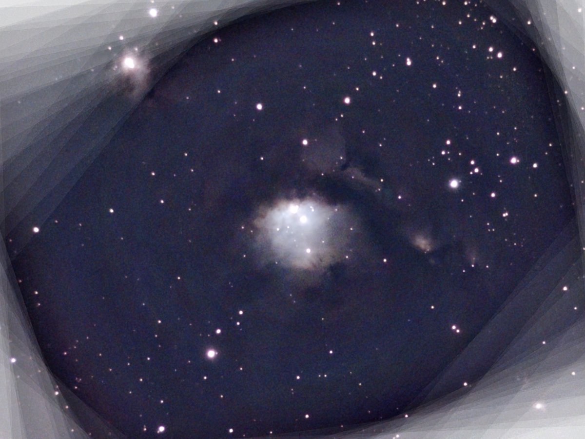 ウルトラの星がある M78 星雲、冬の希少な晴日に、観測した、エンハンス画像 27枚を、ImageJ で平均を取った。暗黒星雲の隙間から光が漏れている感じが、何となくわかる。○印らへんには、V1647 Ori という変光星があり、過去に突然増光して、反射星雲として見えたことがあったらしい。 
#eVscope