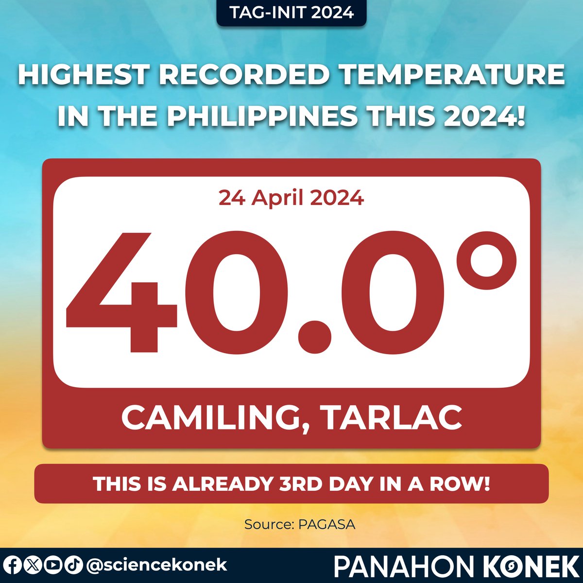 CAMILING RECORDED HIGHEST TEMP IN PH AGAIN🌡️ Umabot na naman ng 40.0°C ang temperatura sa Camiling, Tarlac, kahapon, Abril 24, 2024, ayon sa PAGASA. Ito ang PINAKAMATAAS na naitala sa bansa, sa ngayon, para sa 2024! ⚠️Ito na rin ang IKATLONG SUNOD NA ARAW na naitala ang 40°C