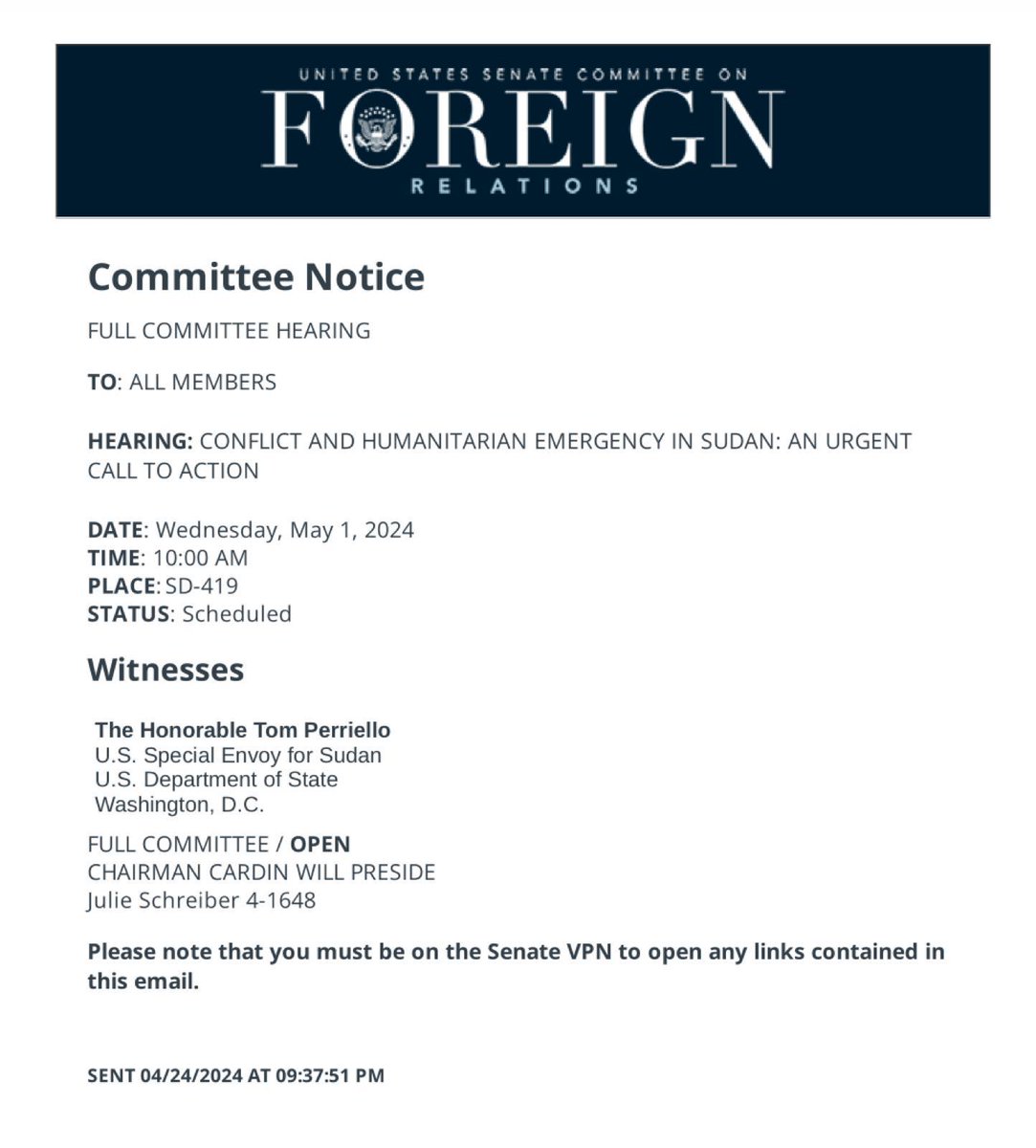 Senate Foreign Relations Committee hosting a hearing next week on the humanitarian emergency in #Sudan with @USSESudan. They will want to hear what the US strategy is to avert disaster in Sudan and end the war. A tall order given fast moving events.