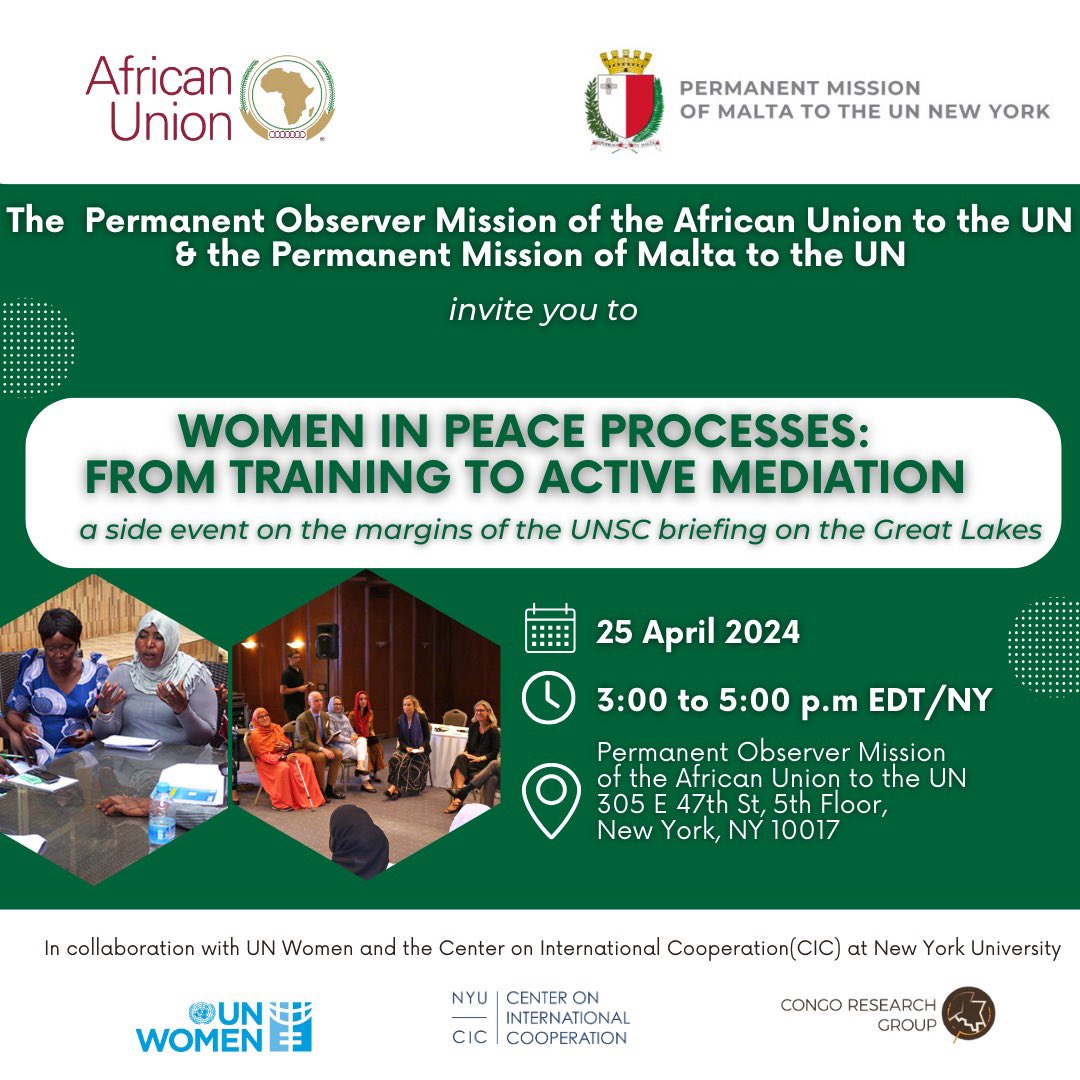 Join us tomorrow 🕰3pm EDT at 📍_@AfricanUnionUN as we unpack women’s meaningful participation in pease processes & active engagement in mediation. Please register for in-person participation: rb.gy/u2kd5j Zoom: rb.gy/howfmn