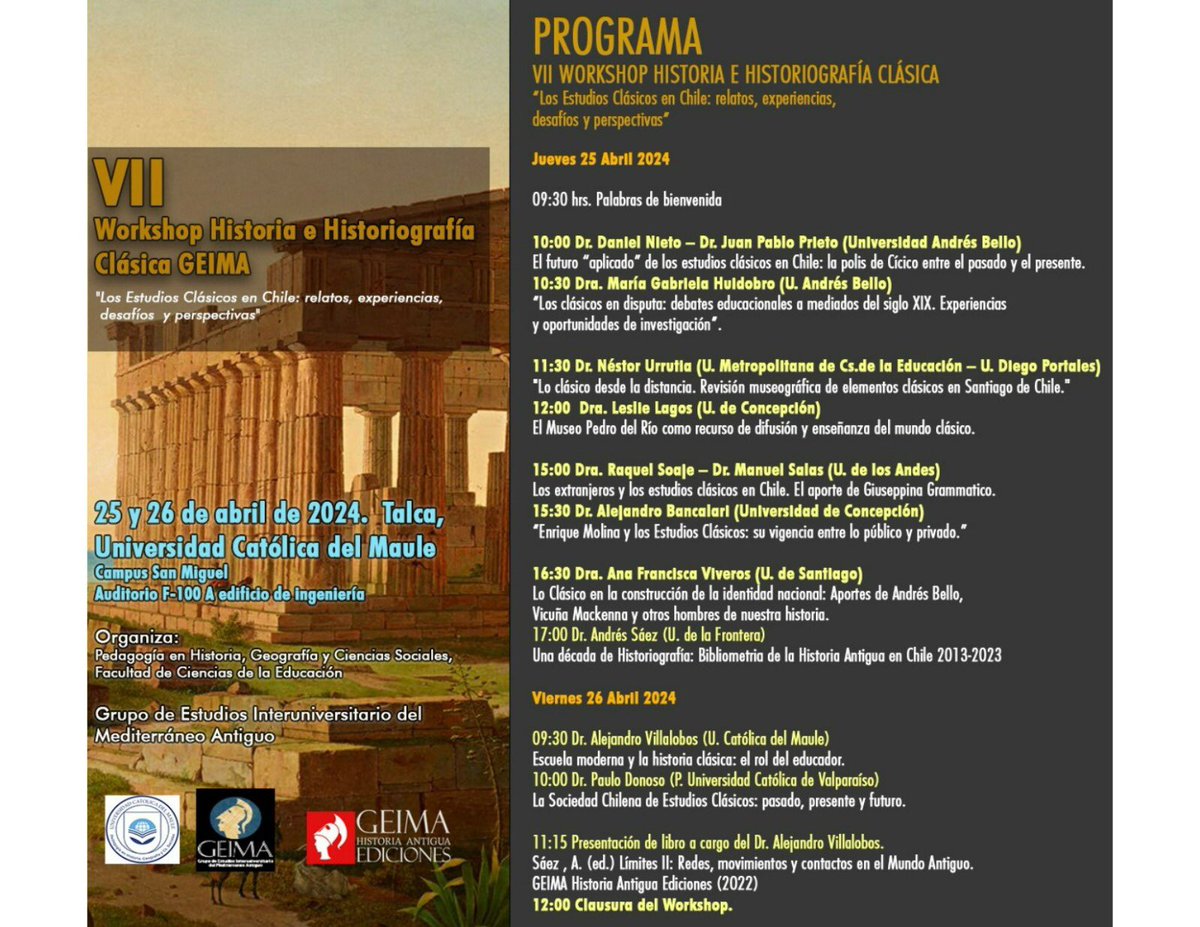 GEIMA10's tweet photo. Mañana jueves 25 y el viernes 26 de abril se realizará el VII Workshop Los Estudios Clásicos en Chile, en las dependencias de la @ucatolicamaule. Se transmitirán las ponencias a través del link https://t.co/hOioSOJvXK https://t.co/ePzlIEt6rY