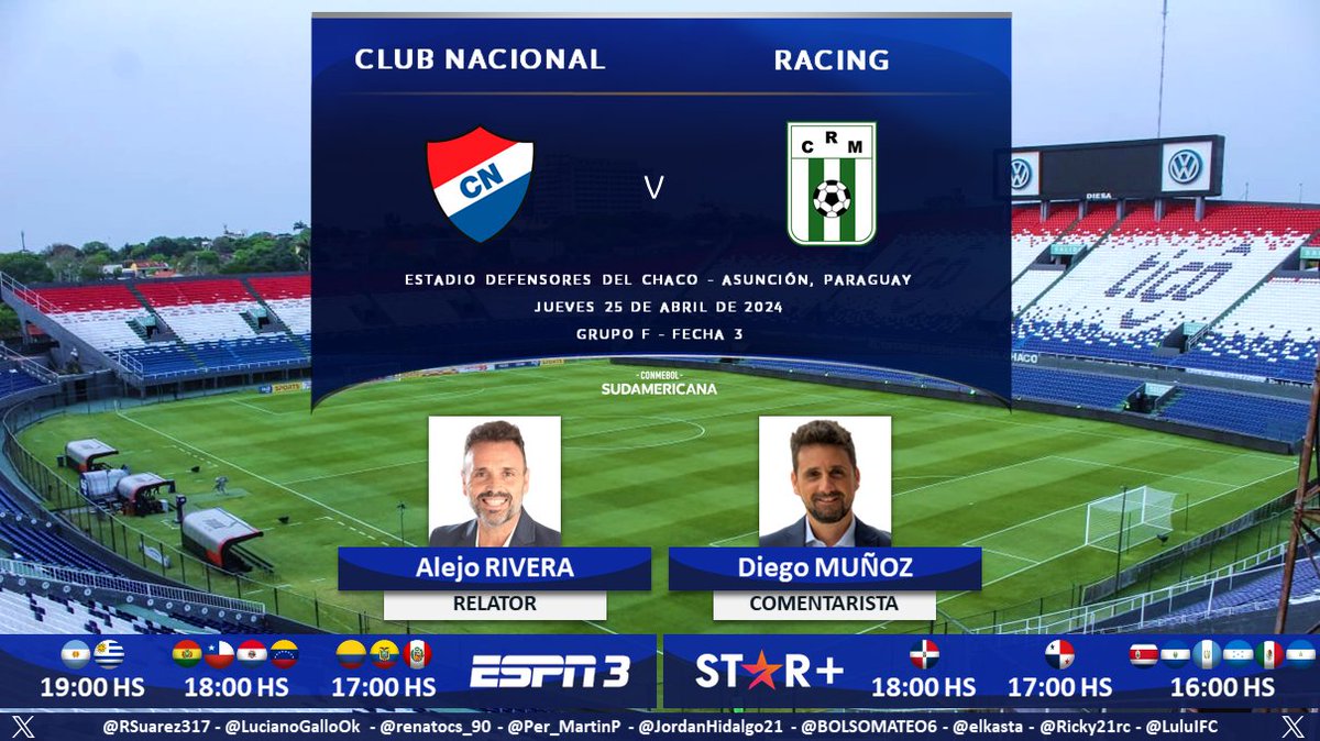 ⚽ #Sudamericana | 🇵🇾 #Nacional vs. #Racing 🇺🇾
🎙 Relator: @AlejoERivera 
🎙 Comentarista: @diegomunoz75 
📺 #ESPN3 Sudamérica 
💻📱@StarPlusLA Latinoamérica
🤳 #SudamericanaxESPN - #LaGranConquista
Dale RT 🔃