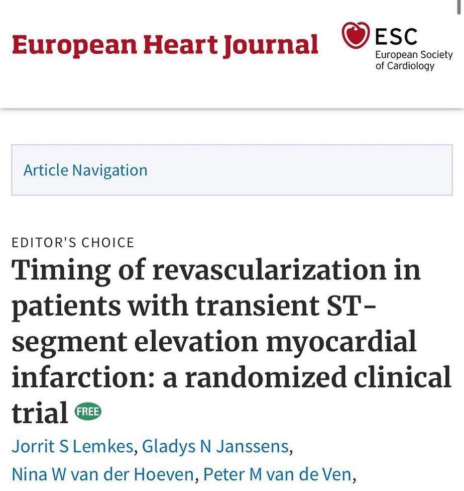 Cath lab timing in patients with transient STEMI? ~15% of STEMI patients show resolution of ST elevation upon presentation. This trial showed emergent revasc to afford no benefit when compared to medical management with urgent (not emergent) revasc. TRANSIENT Trial, EHJ, 2019 ♥️