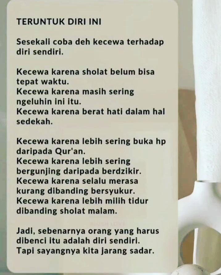 𝗨𝗦𝗧𝗔𝗗𝗭𝗔𝗛 𝗛𝗔𝗟𝗜𝗠𝗔𝗛 𝗔𝗟𝗔𝗬𝗗𝗥𝗨𝗦
. 
Ga papa capek karena bikin kebaikan Capeknya bakal hilang Pahala kebaikannya bakal kekal

Jangan mau senang gara-gara dosa Senangnya segera pergi
Sementara catatan dosa itu bisa abadi