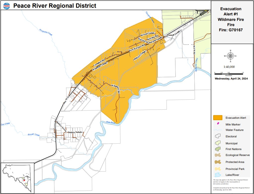 The @prrdistrict has issued an #Evacuation Alert for the Pine River area due to #BCWildfire. If you are in the Alert area, you must be ready to leave on short notice. More info & map: ow.ly/RYVP50RnG51 #BCWildfire #Chetwynd