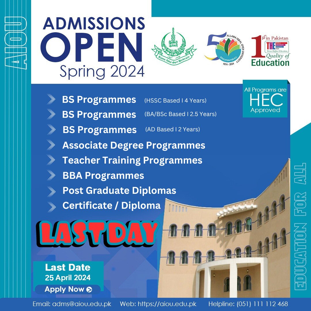 "𝑨𝒅𝒎𝒊𝒔𝒔𝒊𝒐𝒏𝒔 2024: 𝑳𝒂𝒔𝒕 𝑫𝒂𝒕𝒆 𝒕𝒐 𝑨𝒑𝒑𝒍𝒚 - 25 𝑨𝒑𝒓𝒊𝒍 - 𝑫𝒐𝒏'𝒕 𝑾𝒂𝒊𝒕!"
𝑨𝒑𝒑𝒍𝒚 𝒏𝒐𝒘 𝒂𝒕:
fmbp.aiou.edu.pk/application/in…
𝑷𝒓𝒐𝒔𝒑𝒆𝒄𝒕𝒖𝒔 𝒇𝒐𝒓 𝑰𝒏𝒇𝒐𝒓𝒎𝒂𝒕𝒊𝒐𝒏:
aiou.edu.pk/prospectus