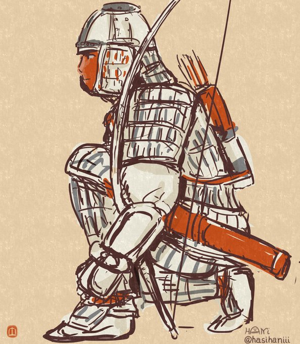 白・灰・赤で彩色の武人