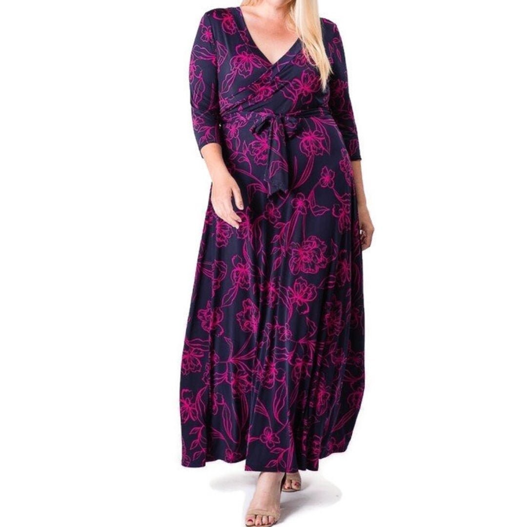 Navy Fuchsia Stencil Floral Faux Wrap Maxi Plussize Dress tuppu.net/b2650b80 #wedding #womenfashion #bridesmaid #janettefashion #plussizefashion #maxidress #jumpsuits #smallbusiness #FauxWrapDresses