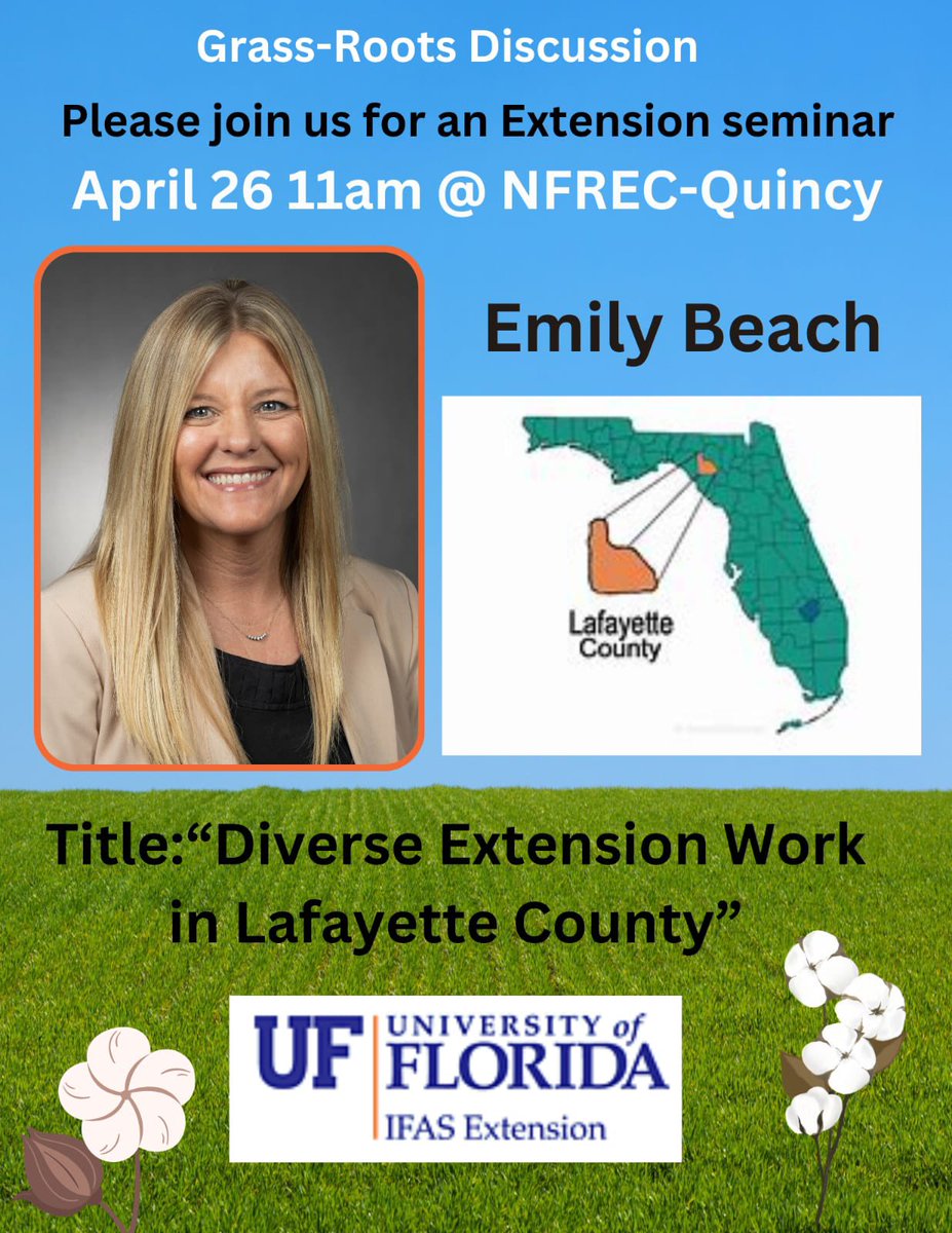 Sudeep Singh Sidhu, Ph.D. (@sidhu_agronomy) on Twitter photo GrassRoots Discussion-Lecture#2
Please join us in-person or via zoom to listen to Lafayette County Ag. Agent Emily Beach this Friday at 11AM <a href="/ufifasnfrec/">UF IFAS NFREC</a> Quincy. Zoom link is below:
ufl.zoom.us/j/97346183775?… GrassRoots Discussion-Lecture#2
Please join us in-person or via zoom to listen to Lafayette County Ag. Agent Emily Beach this Friday at 11AM <a href="/ufifasnfrec/">UF IFAS NFREC</a> Quincy. Zoom link is below:
ufl.zoom.us/j/97346183775?…