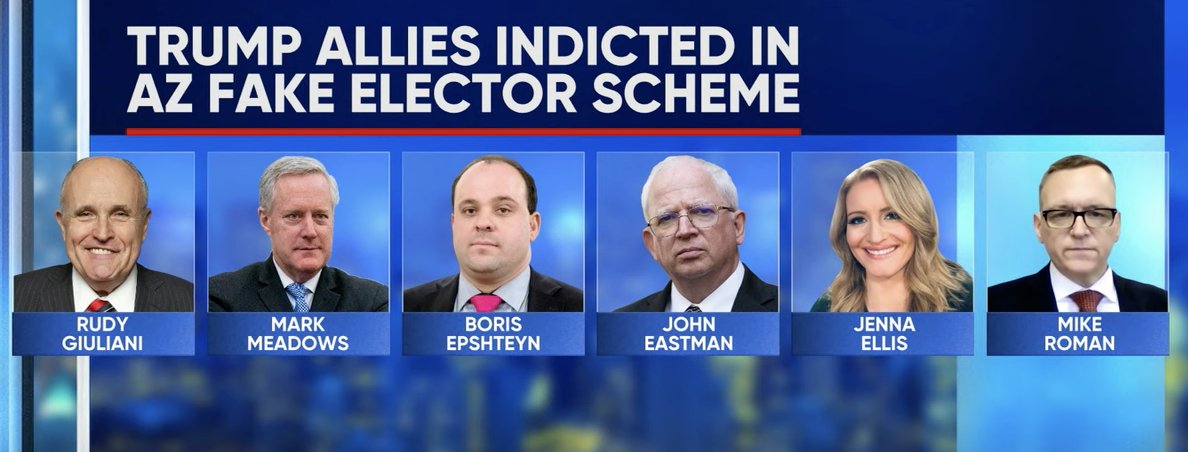 All the indicted figures we know about so far (more names are redacted) in new Trump Arizona fake elector scheme indictments are senior Trump White House/campaign figures. This stink evidently went very high in the org. Could Trump be an unindicted co-conspirator at the moment?