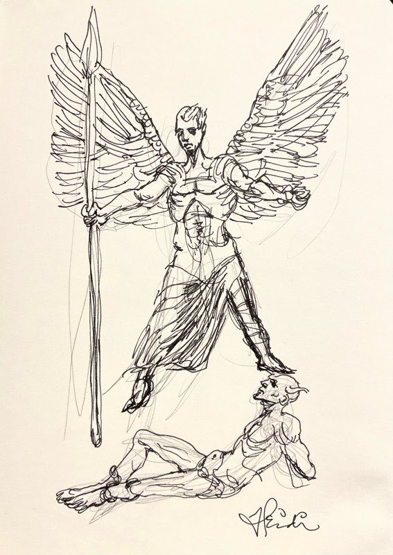 I drew this for today's prompt!

Sketchaday #cathedral
This the the dramatic statue of the Archangel Michael’s victory over Satan attached to Coventry Cathedral