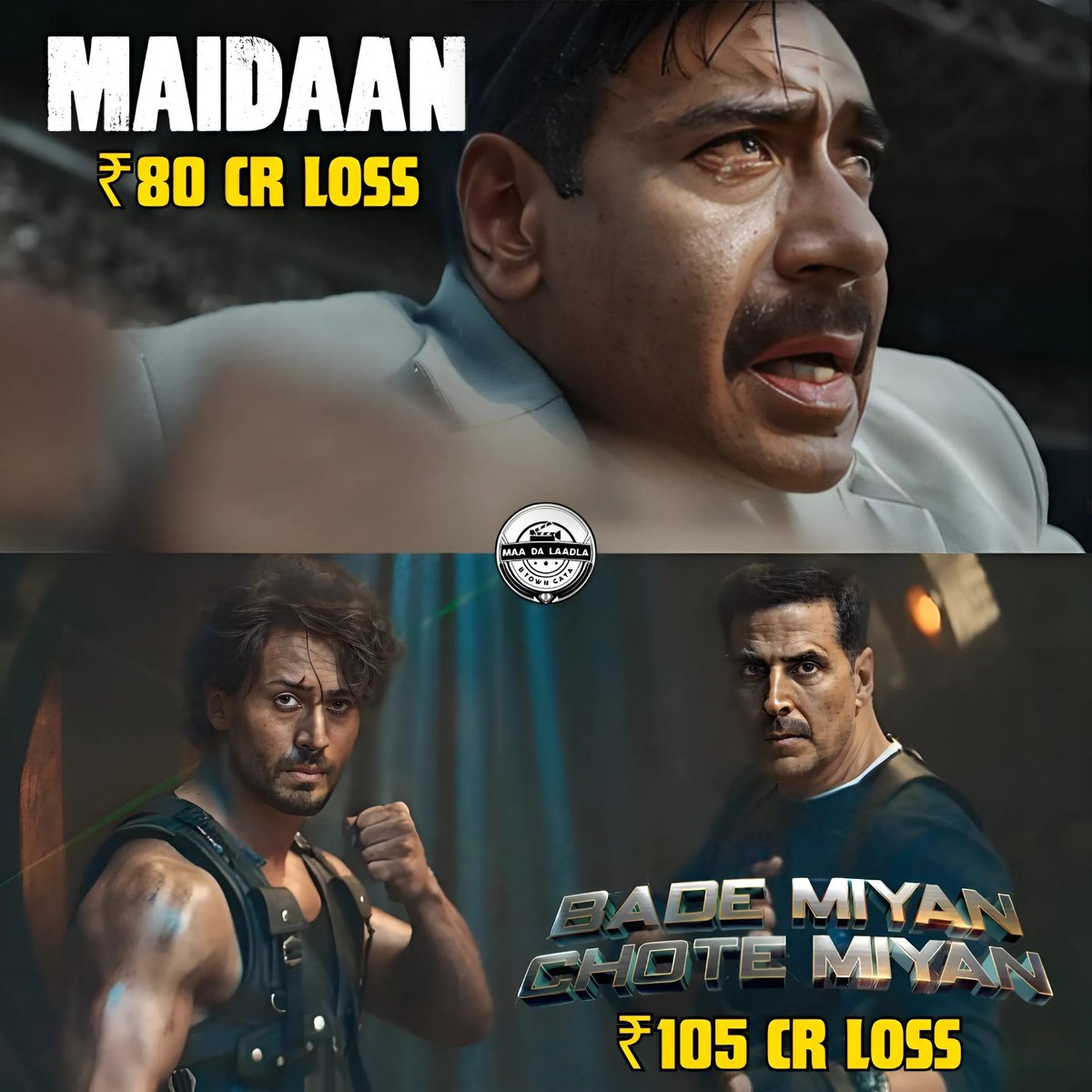 Tere piche Tera yaar khada... Unfortunately, The two big festival releases are facing this much loss! 💔💔💔 #BadeMiyanChoteMiyan #Maidaan #BMCM #AkshayKumar #TigerShroff #AjayDevgn