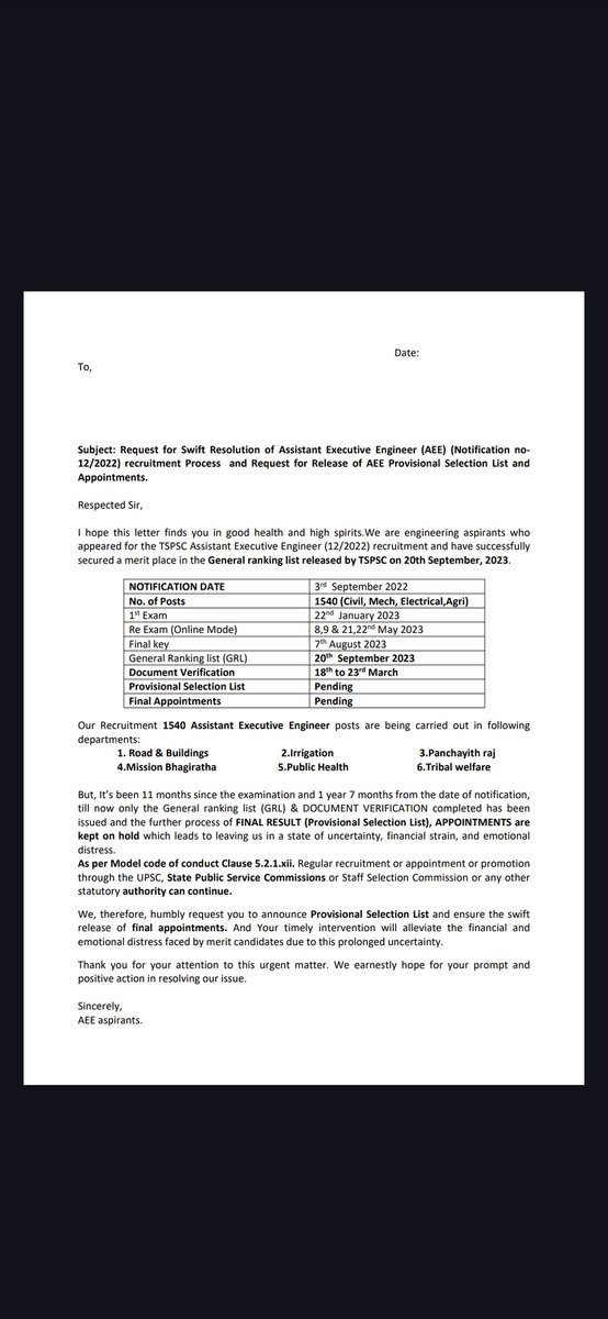 Vishalkt74's tweet photo. As @INCIndia @INCTelangana promised #PehliNaukriPakki ,we the aspirants of AEE (No.12/22) @TSPSCofficial waiting for the final results &amp; appointments since last 1.7 years please release our results @revanth_anumula
@nsui 
@srinivasiyc 
@dubeyamitabh 
@iPranavG 
@varunchoudhary2 https://t.co/hwcblHAhzS