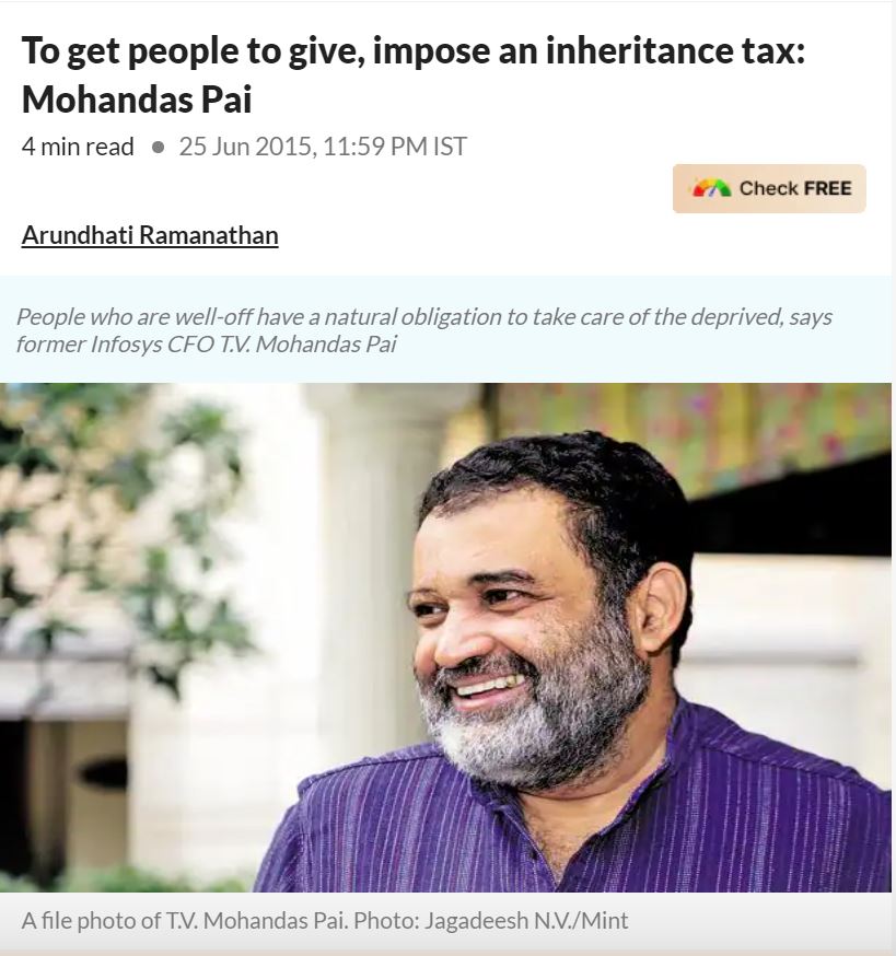 Arun Jaitley, Jayant Sinha, Amit Malviya, and now TV Mohandas Pai---all drumbeaters for the PM and all advocates of an inheritance tax that Rajiv Gandhi abolished in 1985. What say Mr. Prime Minister? livemint.com/Companies/VNoz… #ChuppiTodoPradhanMantriji