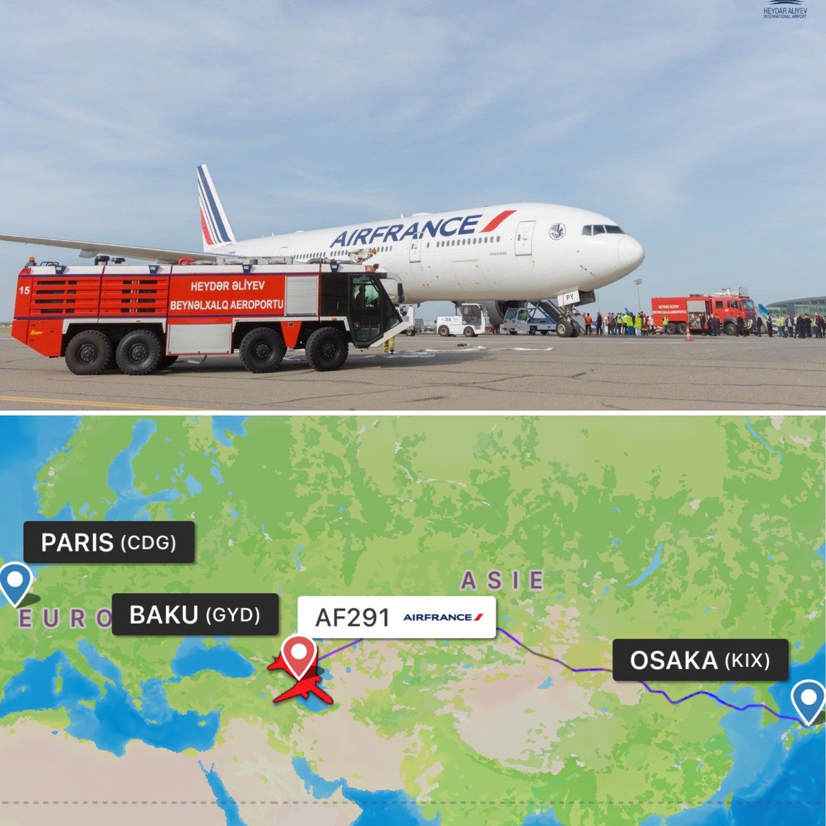 🇫🇷 Hier après-midi, un Boeing 777-200 d’Air France reliant Osaka à Paris s’est posé en urgence à Bakou en raison d’une odeur de brulé à bord. ▫️Les passagers on dû passer la nuit, en zone de transit (difficultés pour obtenir des visas azerbaïdjanais). ▫️Un Boeing 777-200 de…