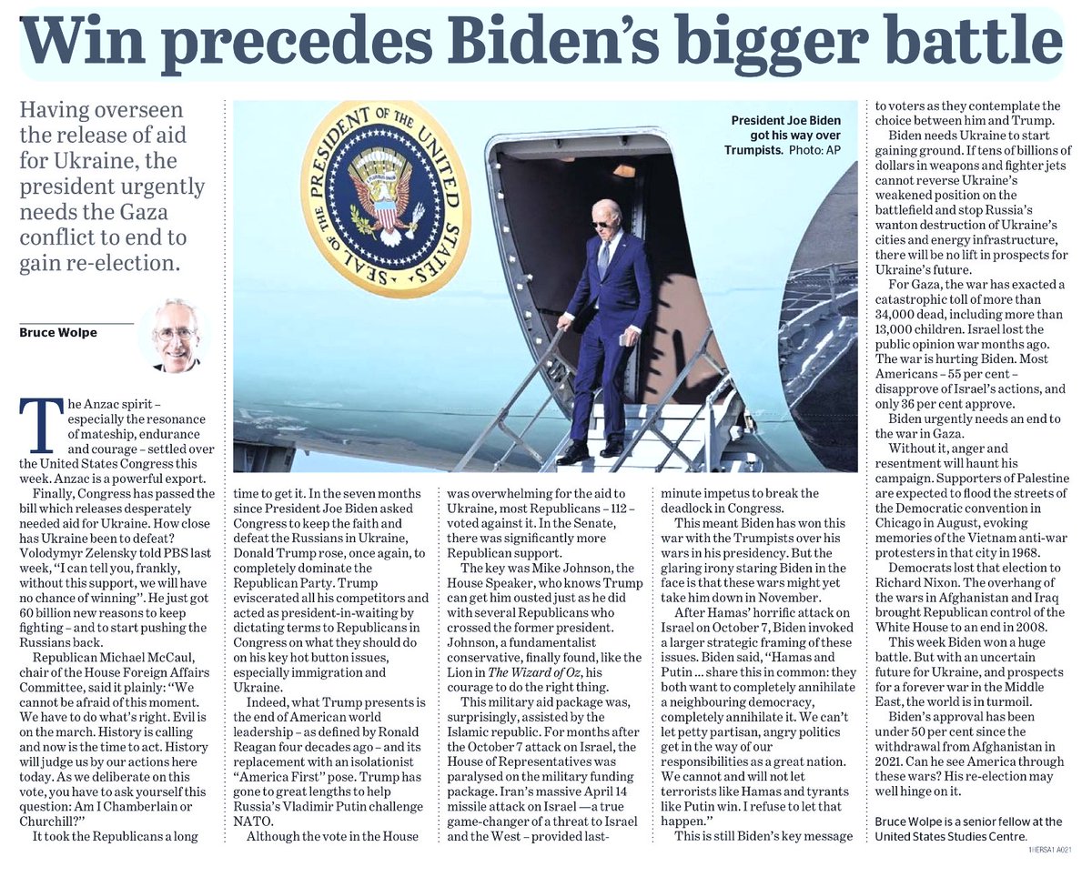 Biden won big this week in the fight against authoritarianism. But with Ukraine uncertain and prospects for a forever war in the Middle East, the world is in turmoil. Can Biden see America through these wars? His re-election may well hinge on it. My essay @smh @theage-BW @USSC.