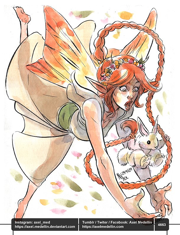 #dailydrawing 4663 #dibujodiario #drawingoftheday #nimeryartdahlia #dtiys #dtiyschallenge #spring #fairy #wings #bunny #watercolor #brushandink #traditionalart