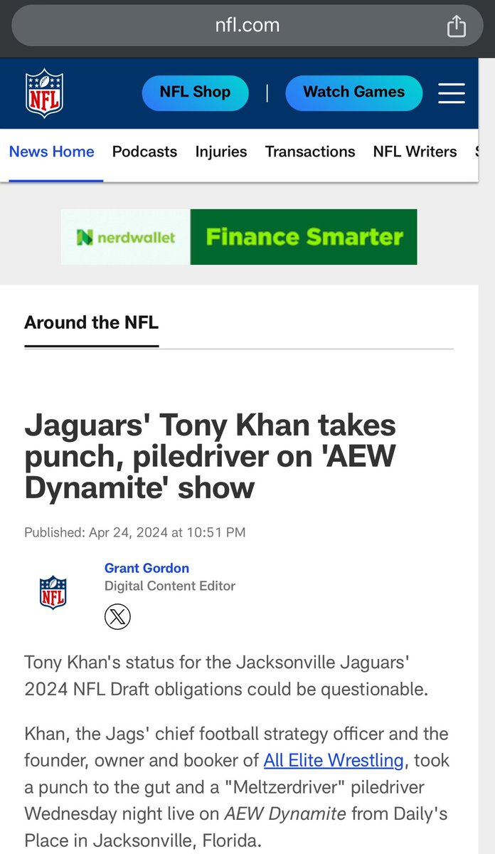 The NFL website posted about Tony Khan getting attacked by The Elite.