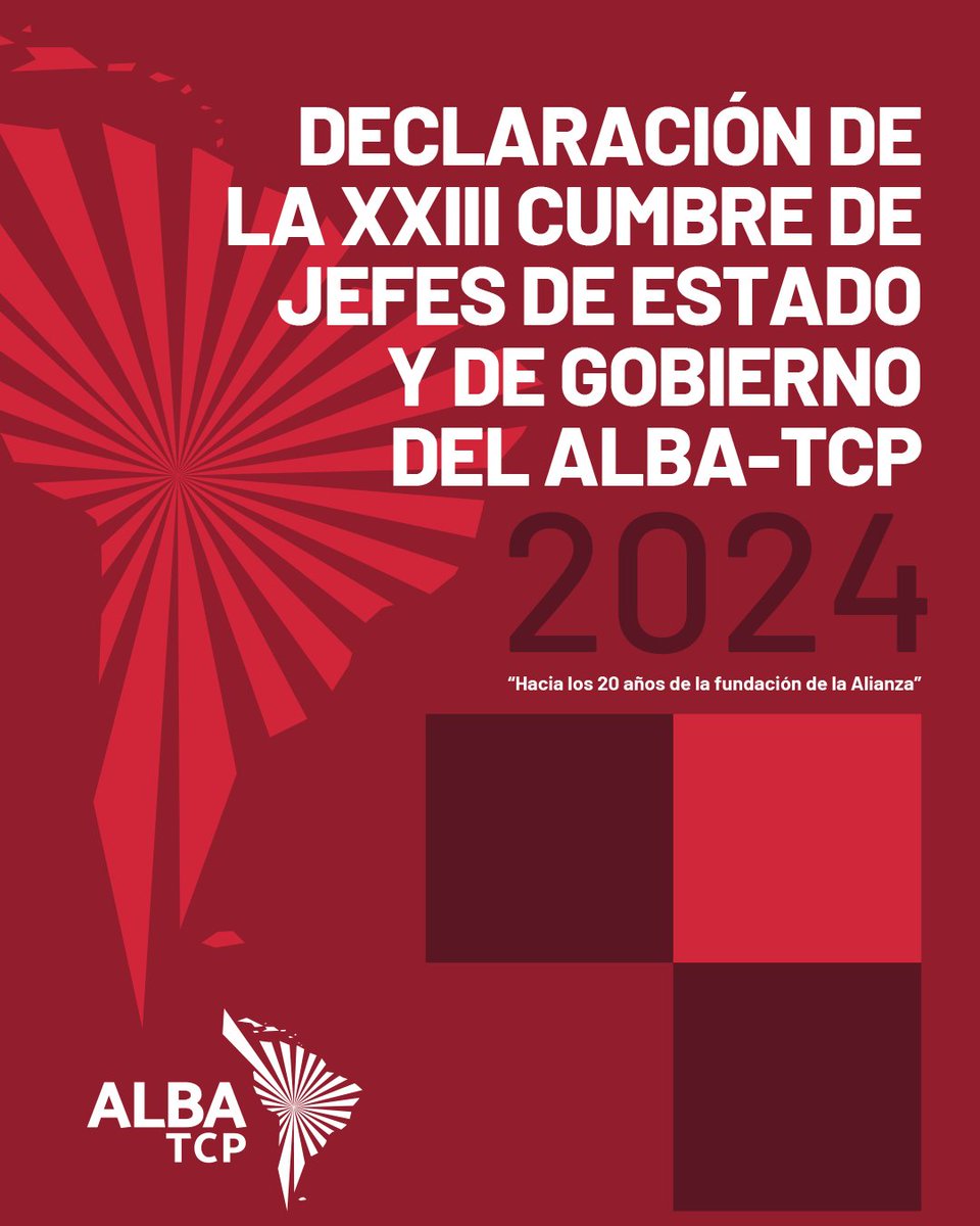Vamos hacia los 20 años de la fundación de la ALBA-TCP y esta declaración, constituida por 22 propuestas, reafirma nuestro compromiso con el fortalecimiento de esta alianza, como mecanismo de unión, diálogo y concertación política, sustentado en los principios de solidaridad,