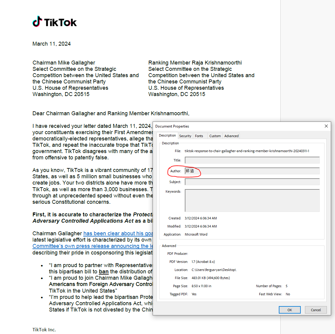 Weird. The metadata in this letter from Michael Beckerman, TikTok’s head of public policy, to the @committeeonccp lists the author as 郑涵 (Zheng Han). It would be useful to know who Zheng Han is & where they are based. s3.documentcloud.org/documents/2447…