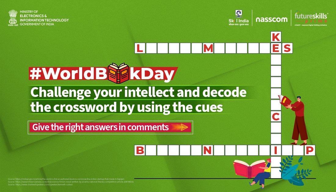 👨‍💼This World book day, let’s test your knowledge and decode the crossword puzzle using the given cues.

Q1. Which book is completely penned by AI algorithms trained by Indian startup, Fluid AI?

👇 Comment your answers below. futureskillsprime.in

#WorldBookDay #upskill